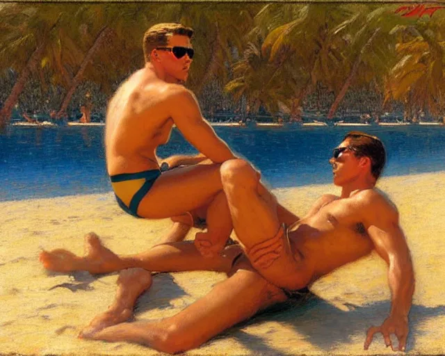 Image similar to top gun beach volleyball scene, warm colors, soft angles, soft focus, painting by gaston bussiere, craig mullins, j. c. leyendecker, tom of finland