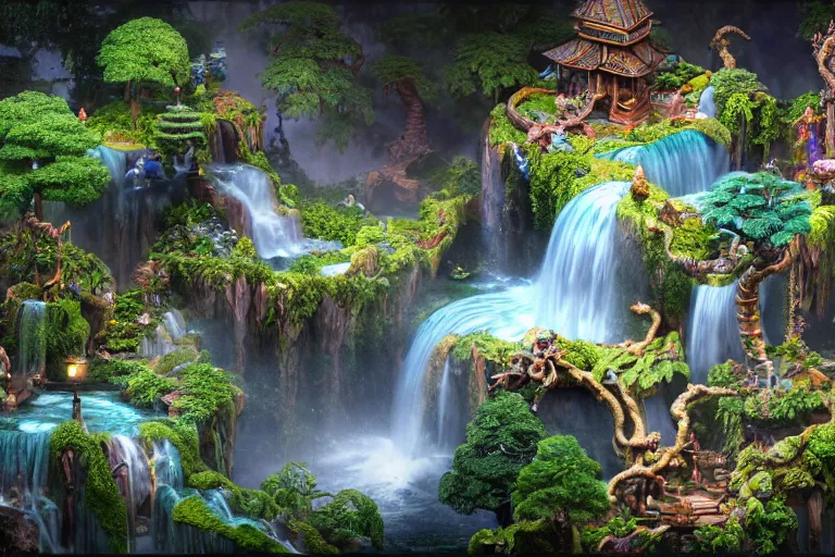 Prompt: isometric view of a fantastical garden with waterfalls and giant trees, by Andrei Riabovitchev, Shaun Tan, Peter Mohrbacher and Takayuki Takeya, ancient ornate intricate, cinematic, realistic, intricate detail, finely detailed, small details, extra detail, photorealistic, high resolution, 3D, PBR, path tracing, volumetric lighting, octane render, arnold render, 8k