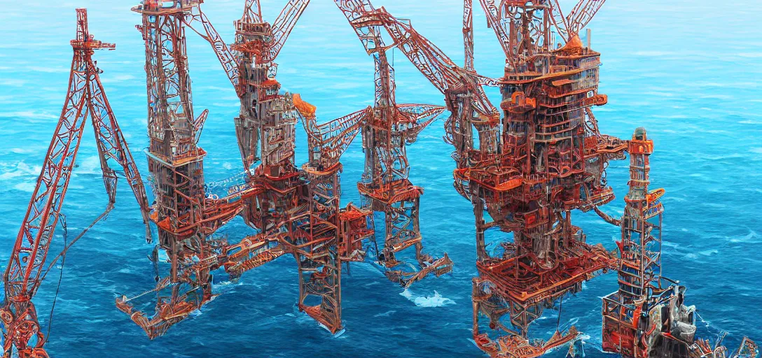 Image similar to offshore oil rig in treacherous waters, highly detailed, ultra detailed, award-winning, trending on artstation, megalophobia