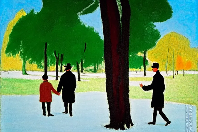 Image similar to a very tall man named John with dark hair holding the hands of a short young boy named Alex with dark hair as they walk in a park on a bright beautiful colorful winter day. part in the style of an edgar degas painting. part in the style of david hockney