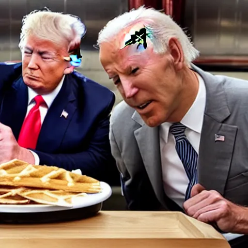 Image similar to photograph of trump and Biden sitting and eating breakfast at a Wafflehouse