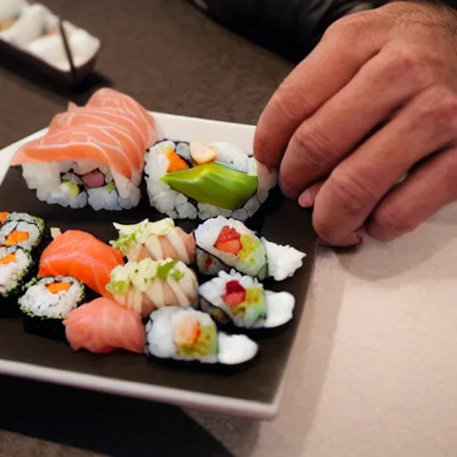 Prompt: neanderthal eating sushi