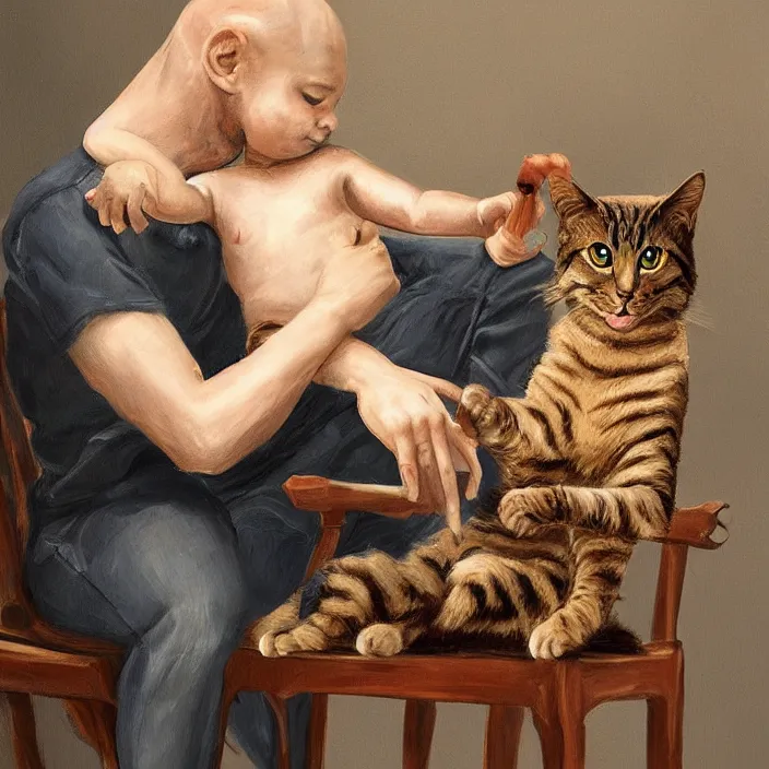 Image similar to a highly detailed painting of an animorphism cat sitting in chair petting a small bald human on his lap, 8k, trending on artstation