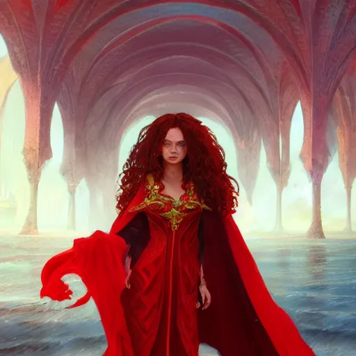 Image similar to a female sorcerer with curly red hair wearing a red dress and a red cloak exploring a colorful north - african coastal city, fantasy, highly detailed, digital painting, artstation, concept art, character art, art by greg rutkowski and tyler jacobson and alphonse mucha