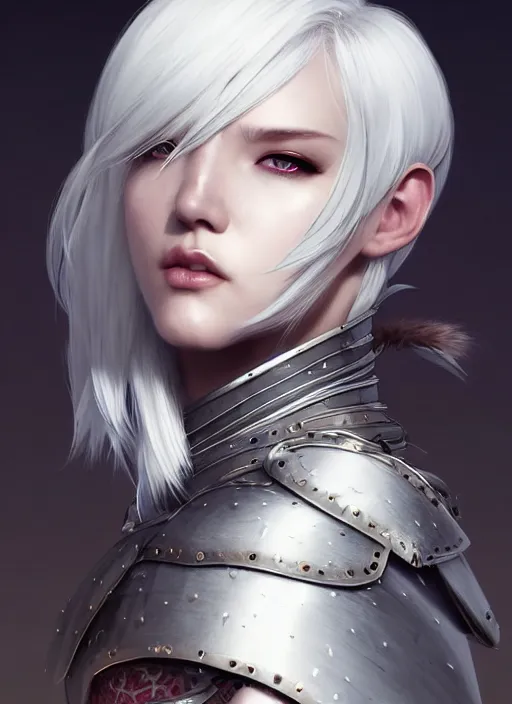 Image similar to warrior, fur leather armor!!! beautiful and elegant white hair female!! gorgeous ayes!! character concept art, sharp focus, octane render! unreal engine 5! highly rendered!! trending on artstation!! detailed linework!! illustration by artgerm, wlop, and chie yoshii