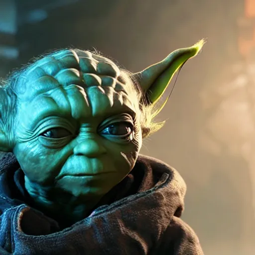 Image similar to Yoda in gears of war, splash art, movie still, detailed face, cinematic lighting, dramatic, octane render, long lens, shallow depth of field, bokeh, anamorphic lens flare, 8k, hyper detailed, 35mm film grain