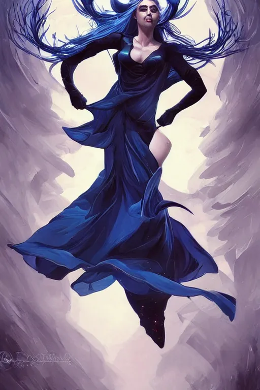 Image similar to fullbody!! dynamic action pose, beautiful woman with blue hair, big antlers on her head, long flowing black dress, dnd, face, fantasy, intricate, elegant, highly detailed, digital painting, artstation, concept art, smooth, sharp focus, illustration, art by artgerm and greg rutkowski and alphonse mucha