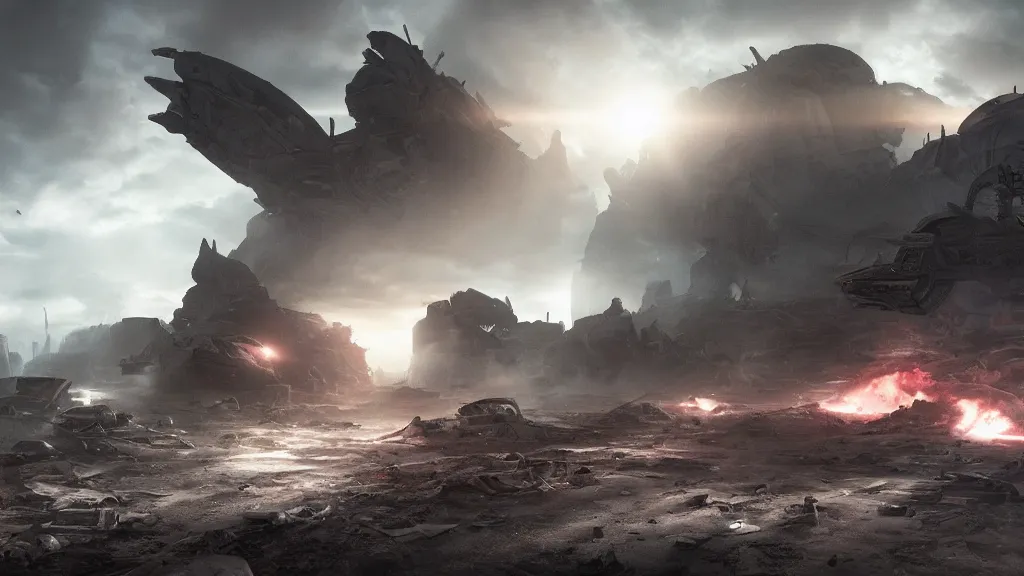 Prompt: an epic battle between two alien civilizations over a destroyed earth, scifi post apocalyptic scene with volumetric fog, cinematic lighting