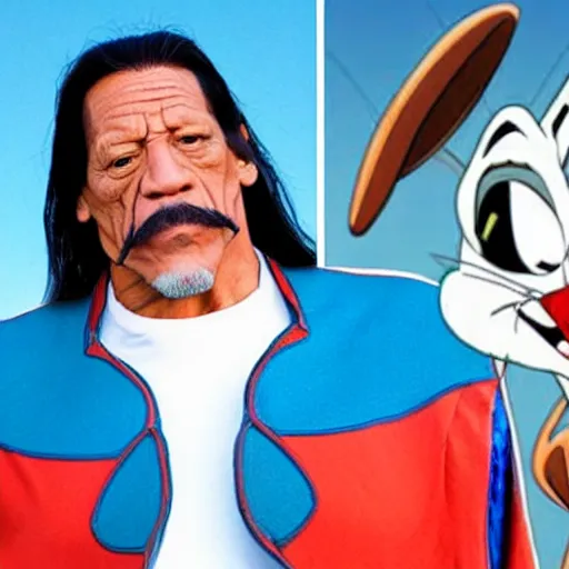 Prompt: Danny Trejo as Bugs Bunny from Looney Tunes, live action movie, set photo in costume, cosplay, photograph