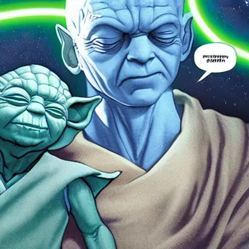 Prompt: photo of dr manhattan sleeping in bed next to yoda