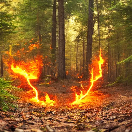 Image similar to explosion, photorealistic, 5 0 mm, bokeh, deep forest, fire