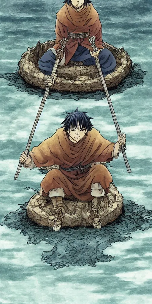Image similar to a lone king sitting on a throne floating on water in the middle of a lake drawn by Makoto Yukimura in the style of Vinland saga anime, full color