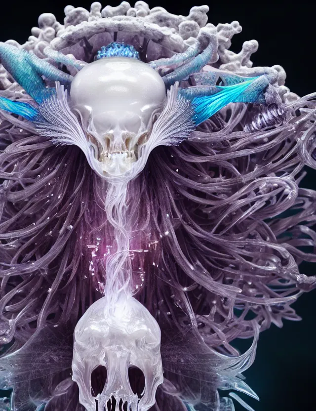 Image similar to goddess macro close - up portrait wigh crown made of ram skull. betta fish, jellyfish phoenix, bioluminiscent, plasma, ice, water, wind, creature, super intricate ornaments artwork by tooth wu and wlop and beeple and greg rutkowski