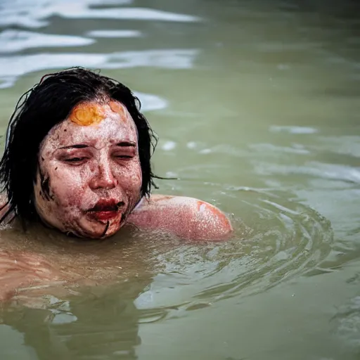 Prompt: a person bathing in sewage, portrait photograph