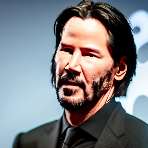 Image similar to a still of Keanu Reeves. Shallow depth of field. City at night in background, lights, colors ,studio lighting, mood, 4K. Profession photography