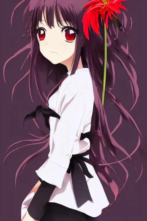 Image similar to Key anime visual of a beautiful girl with black hair and red eyes holding a spider lily; wearing white blouse with black tie; trending on Pixiv; digital art