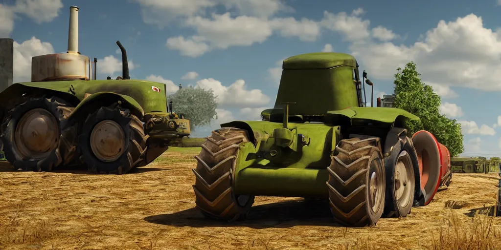 Prompt: tank and tractor standing close to each other, highly detailed, photorealistic portrait, bright studio setting, studio lighting, crisp quality and light reflections, unreal engine 5 quality render