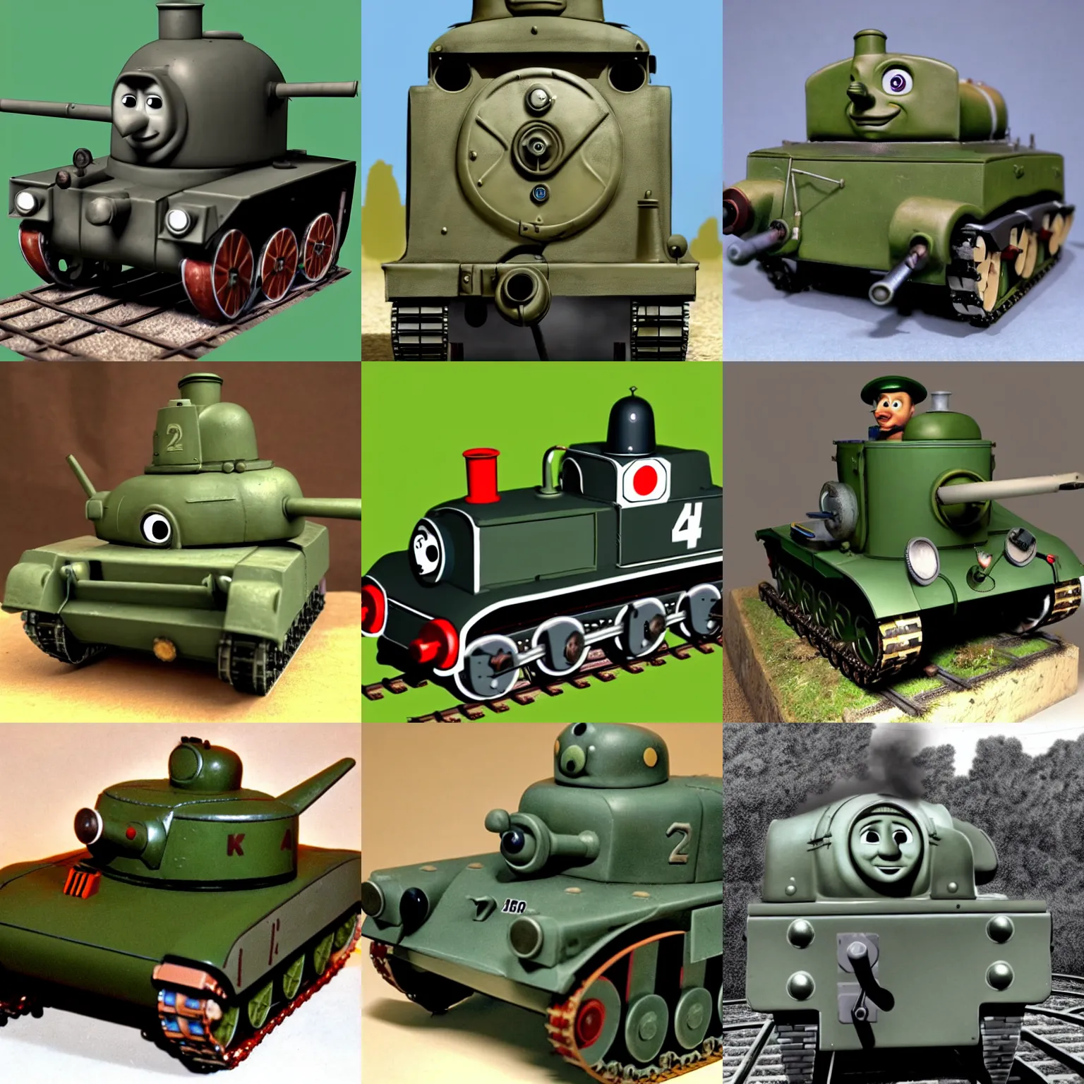 Prompt: an anthropomorphised panzer world war ii tank with a face, by wilbert awdry in the art style of thomas the tank engine