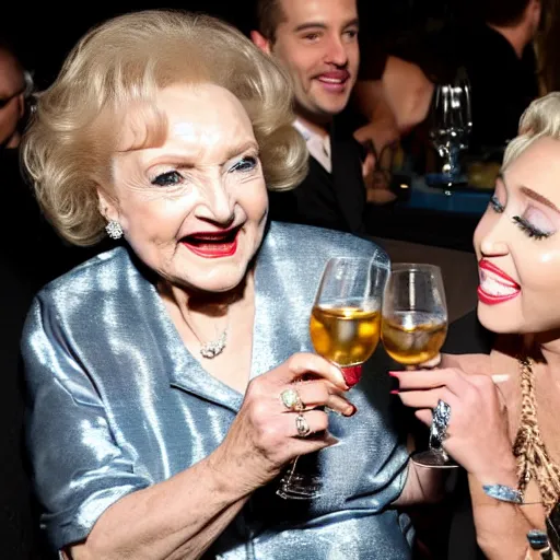 Image similar to betty white drinking white claw with miley cyrus