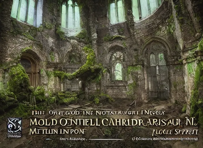 Image similar to The old cathedral was abandoned long ago, and now it is nothing more than a mossy ruin. But when a group of adventurers stumble upon it, they quickly realize that this place is far from ordinary. Deep within the ruins, they find a secret chamber that is filled with treasure
