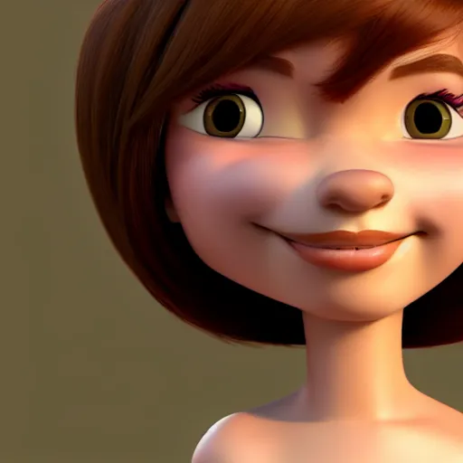 Image similar to A portrait of a curvy woman, a cute 3d cgi toon woman with brown hair in a Bob, no bangs, brown eyes, full face, olive skin, romanian heritage, medium shot, mid-shot, hyperdetailed, 8k, trending on artstation, as a Pixar character