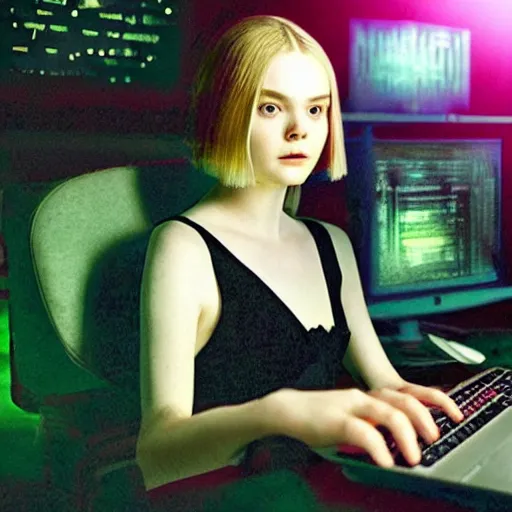 Image similar to Elle Fanning hacking a computer, matrix style, dramatic green lighting, oil painting