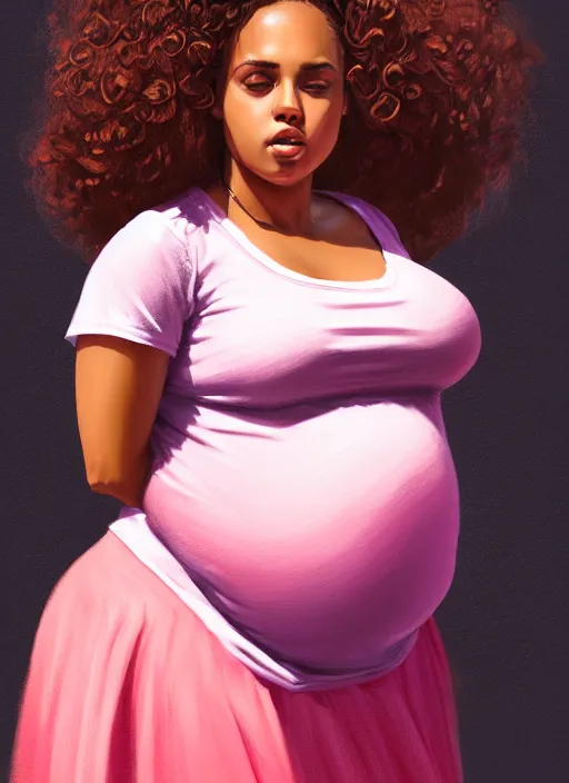 Image similar to full body portrait, teenage vanessa morgan, pink hair, brown skin, obese, curly pixie hair, sultry, realistic, short hair, hoop earrings, skirt, shirt, fat, belly, intricate, elegant, highly detailed, digital painting, artstation, concept art, smooth, sharp focus, illustration, art by wlop, mars ravelo and greg rutkowski