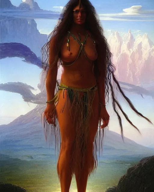 Prompt: beautiful female American Indian, long flowing hair, standing in a fantasy environment, realistic oil painting by Thomas Cole and Wayne Barlowe