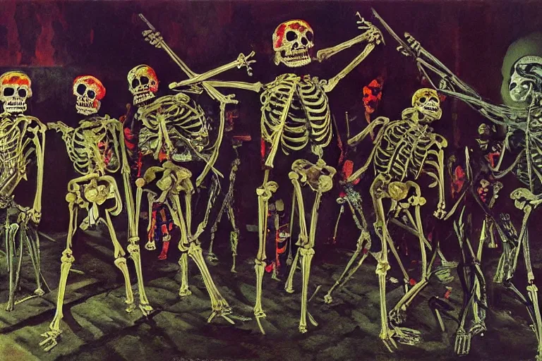 Image similar to scene from spartacus, day of the dead, cyber skeleton, neon painting by otto dix