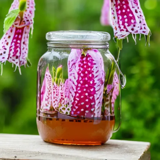 Prompt: foxgloves in a jar of honey