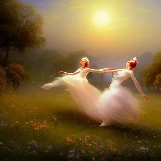 Image similar to the moonlit dance of the fae, dancers in white dancing across a flower meadow the moonlit dance by elena vizerskaya and ivan aivazovsky, perfectly detailed, artstation, sharp focus, highly detailed, studio photography