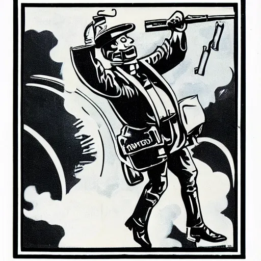 Image similar to a 1 9 2 0's bankrobber firing a tommy gun while floating in space