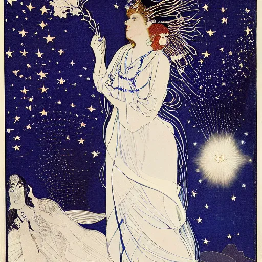 Image similar to The computer art features a woman with wings made of stars, surrounded by a blue and white night sky. The woman is holding a staff in one hand, and a star in the other. She is wearing a billowing white dress, and her hair is blowing in the wind. burnt orange, Aztec by Aubrey Beardsley, by Horace Vernet