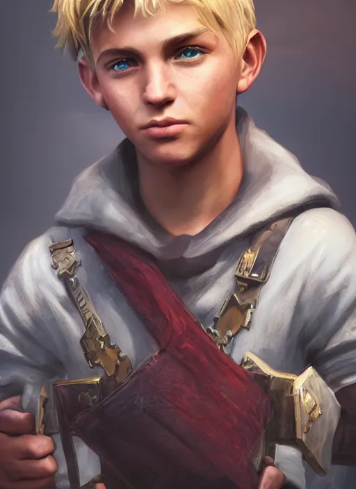 Prompt: An epic fantasy comic book style portrait painting of a young blonde boy thief, unreal 5, DAZ, hyperrealistic, octane render, cosplay, RPG portrait, dynamic lighting -20