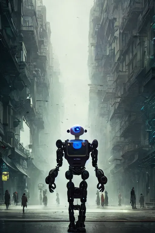 Prompt: a portrait of a robot in the middle foreground walking in the street of an elven city by Greg Rutkowski, Sung Choi, Mitchell Mohrhauser, Maciej Kuciara, Johnson Ting, Maxim Verehin, Peter Konig, final fantasy , mythical, 8k photorealistic, cinematic lighting, HD, high details, atmospheric,