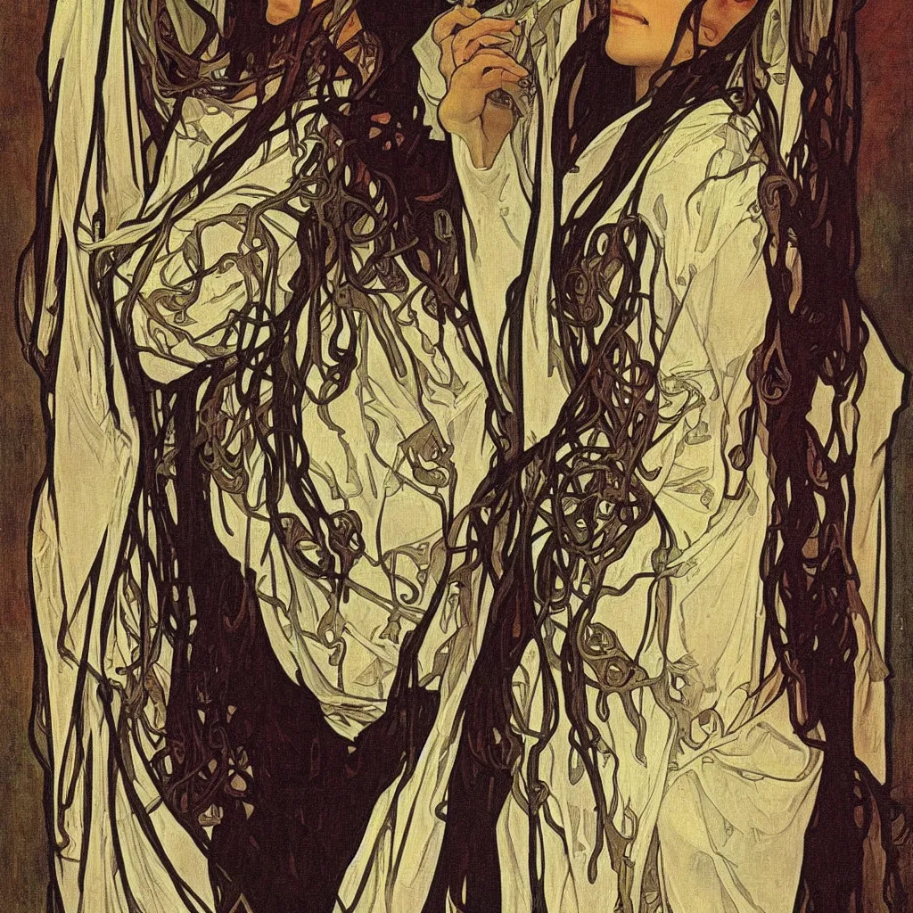Prompt: A beautiful portrait of a skeleton nun in Realistic style by Alphonse Mucha,oil on canvas
