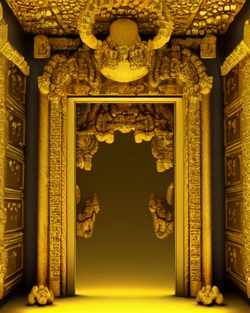 Image similar to scientifically realistic render scifi golden entrance to royal ancient temple carved out of marble skeleton and blue gems rendered in octane