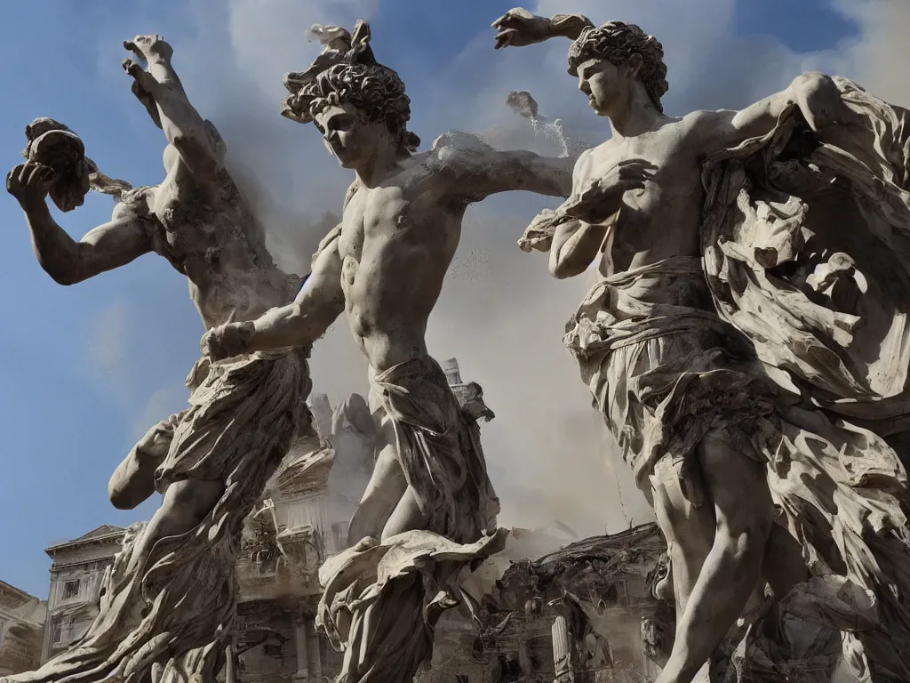 Image similar to giant greek statues attacking a city, city destruction ruins, debris flying around, swirls of fire