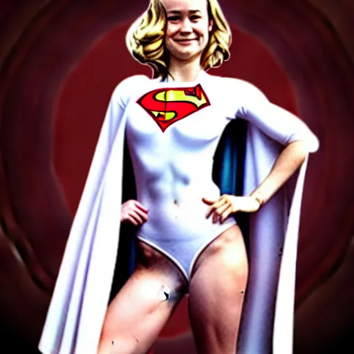 Image similar to brie larson as dc comics'' power girl ', full body with white leotard costume and cape and chest keyhole, pinup photo, 4 k