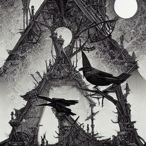 Image similar to crows at a architectural complex with an occult witch by Android Jones and M. C. Escher collaboration, futurist, digital art, dramatic lighting, symbolic