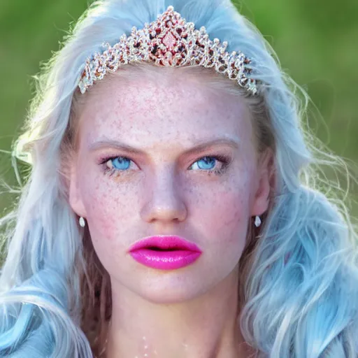 Image similar to close up headshot of a princess with long blonde hair and light blue eyes wearing a strapless elaborately beaded pink dress, high resolution film still, 8k, HDR color, film by Simon Langton and David Frankel, triangular face, slight freckles, round narrow chin, straight jawline, subtle light pink lipstick, cheekbones