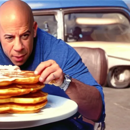 Prompt: movie still of vin diesel eating waffles and pancakes breakfast in a car