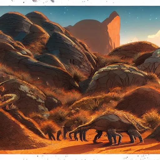 Image similar to concept art painting of prehistoric alien life, detailed, cel shaded, in the style of makoto shinkai and moebius and james gurney