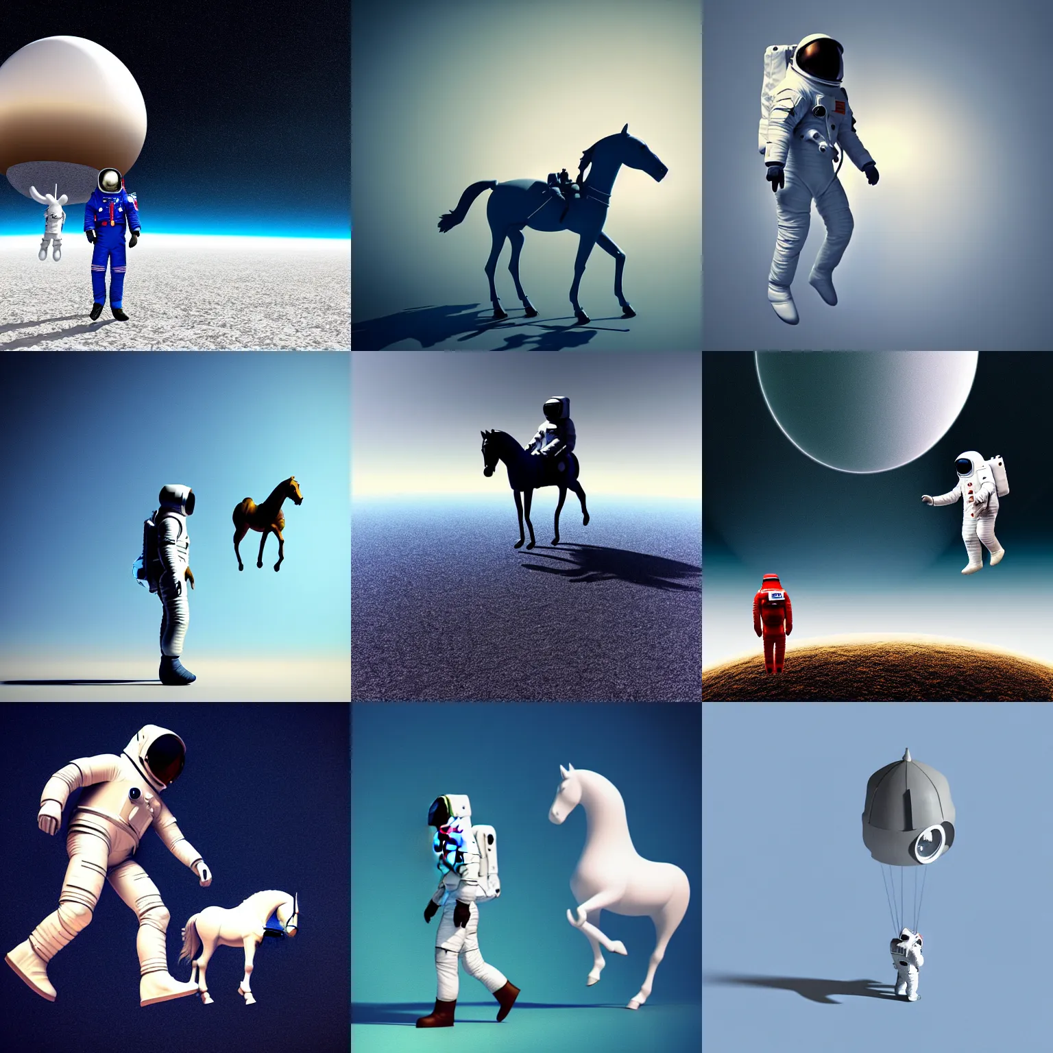 Prompt: an astronaut standing on the ground and a horse horse horse horse floating above the human, minimalist style, 3 d render.
