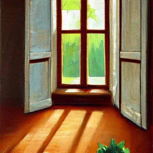 Image similar to oil painting of mostly empty cottage with one window. artistic. cozy. wooden floor. rustic