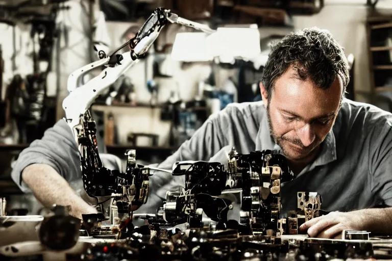 Image similar to cinematography closeup portrait of a Man soldering repairing robot parts in his garage by Emmanuel Lubezki