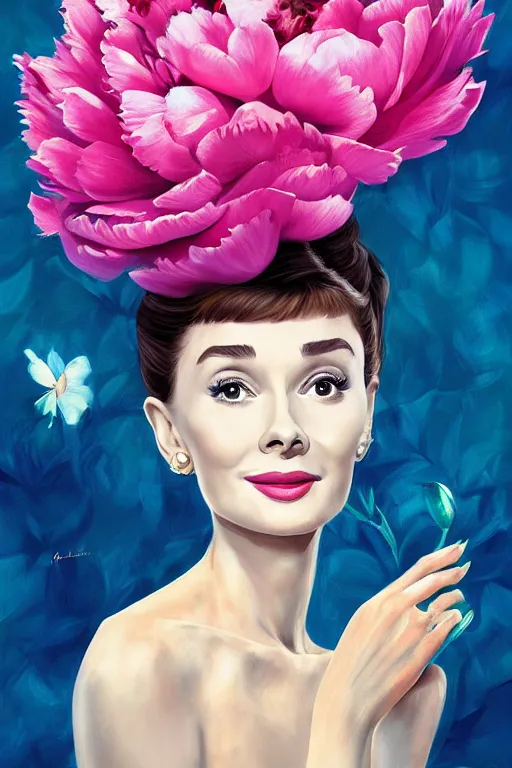 Prompt: beautiful digital painting audrey hepburn and blue peonies, by Georgia O'Keeffe, Carmelo Blandino, Cyril Rolando, artstation, Behance, 4K,