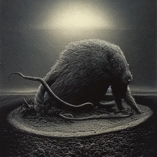 Prompt: agouti beksinski, eldritch, apocalypse, creepy creature, horror spooky