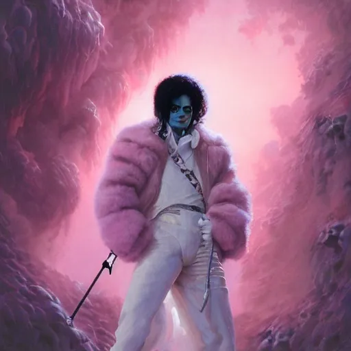 Image similar to beautiful fantasy character portrait, michael jackson, wearing pink puffy bomber jacket with white fur, by peter mohrbacher, hajime sorayama, wayne barlowe, boris vallejo, aaron horkey, gaston bussiere, craig mullins