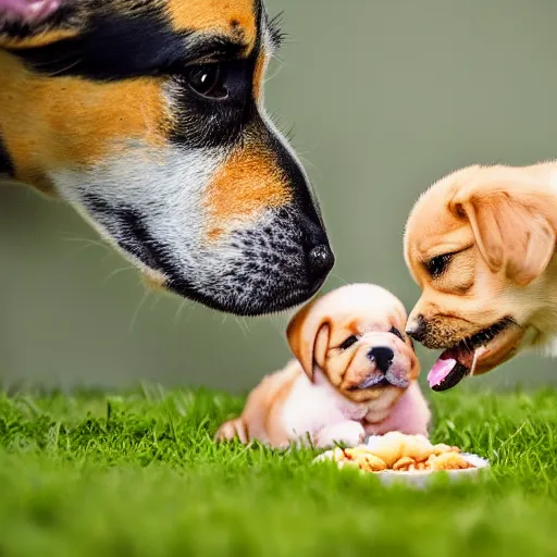 Image similar to photography of a puppie giving some food to baby cat, animal photography, award winning photography by Leonardo Espina